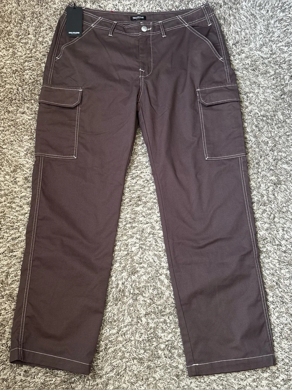 True Religion Men's Brown Cargo Pants with Contrast Stitching